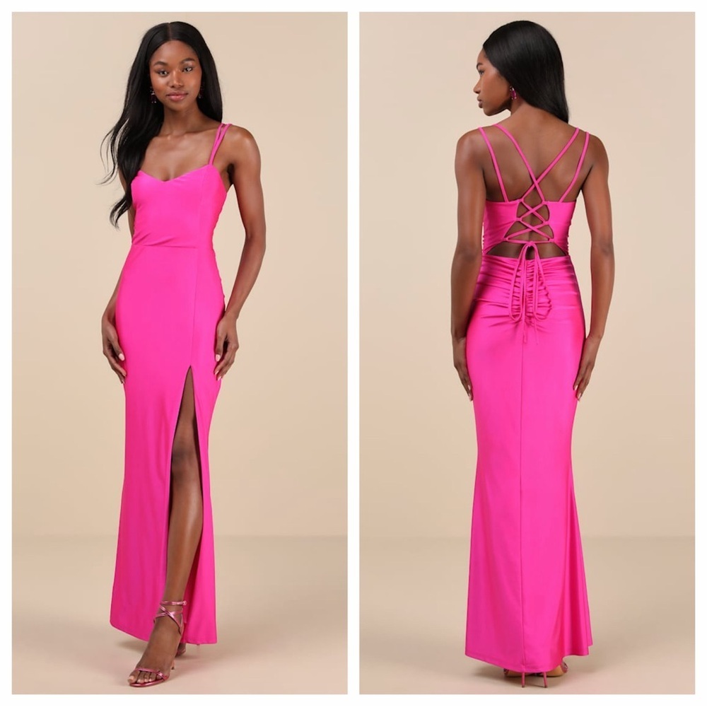 Lulu's Jadine Hot Pink Slinky Knit Ruched Lace-Up Mermaid
Maxi Dress